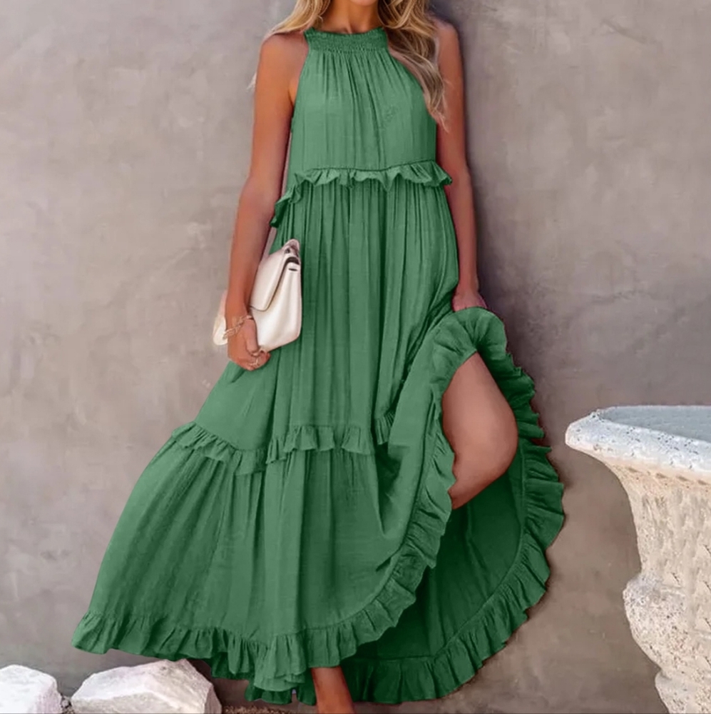 Green Ruffled Sleeveless Tiered Maxi Dress with Pockets - Picture 5 of 13